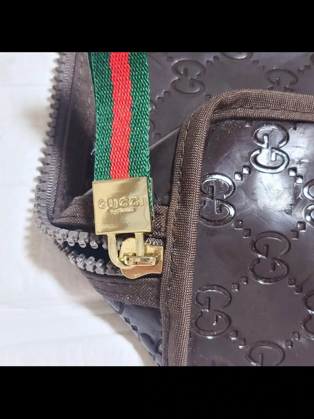 Gucci Brown Patent GG Embossed Cosmetic Pouch with Web Zip Pull